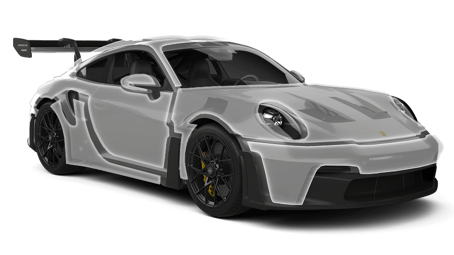 Silver Porsche sports car with a large rear wing.