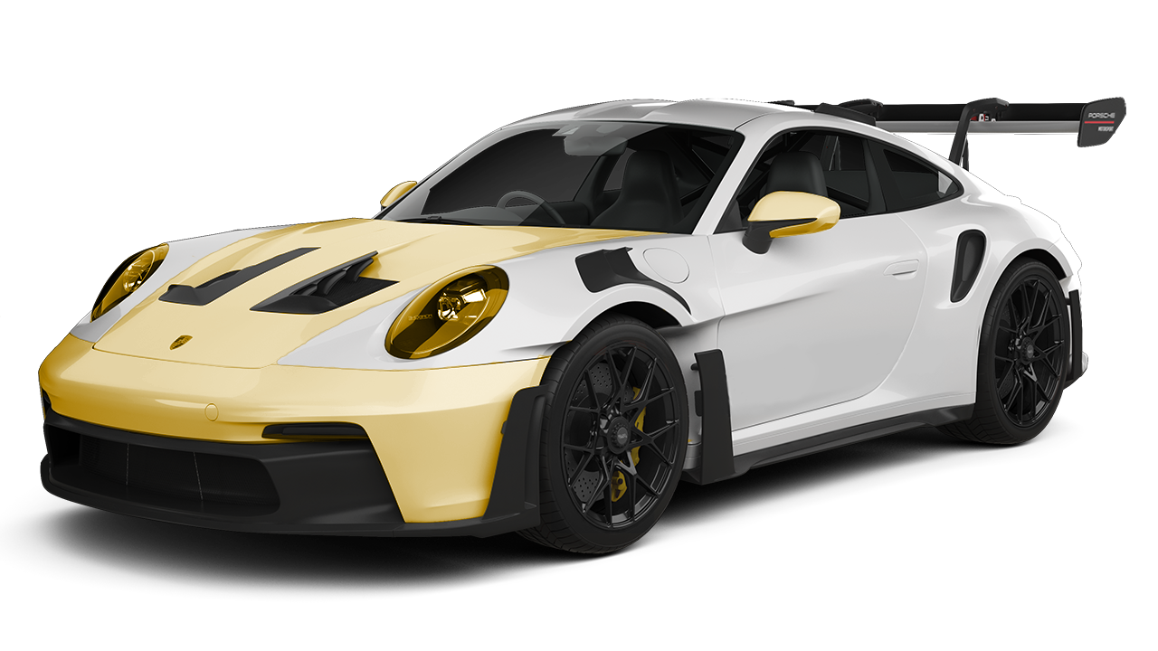 White and gold Porsche 911 GT3 RS sports car, angled view.