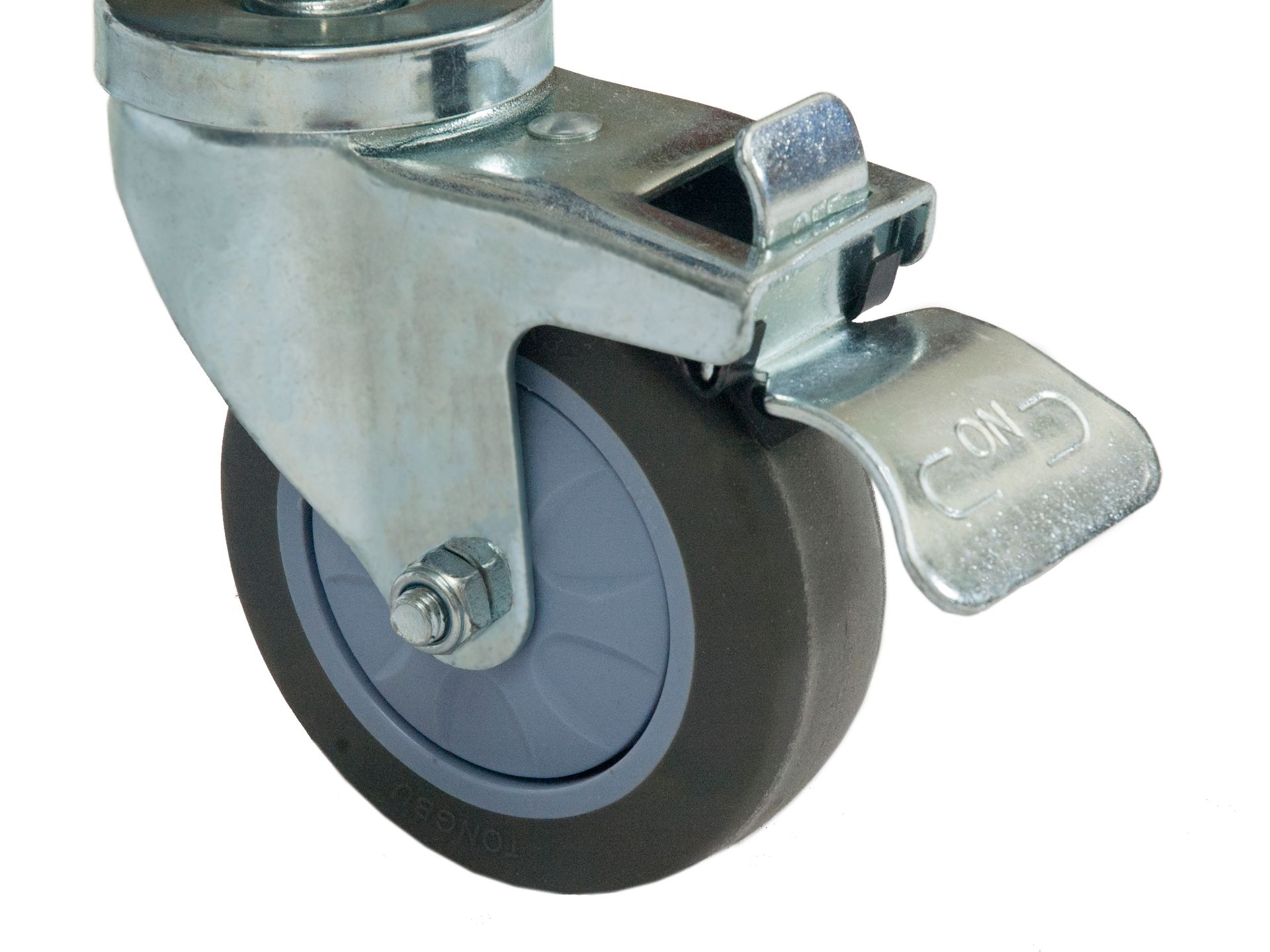 Een close-up van een metalen zwenkwiel met een rubberen wiel