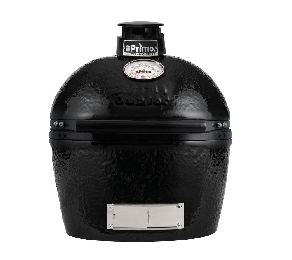 Een zwarte primogrill zit op een wit oppervlak.