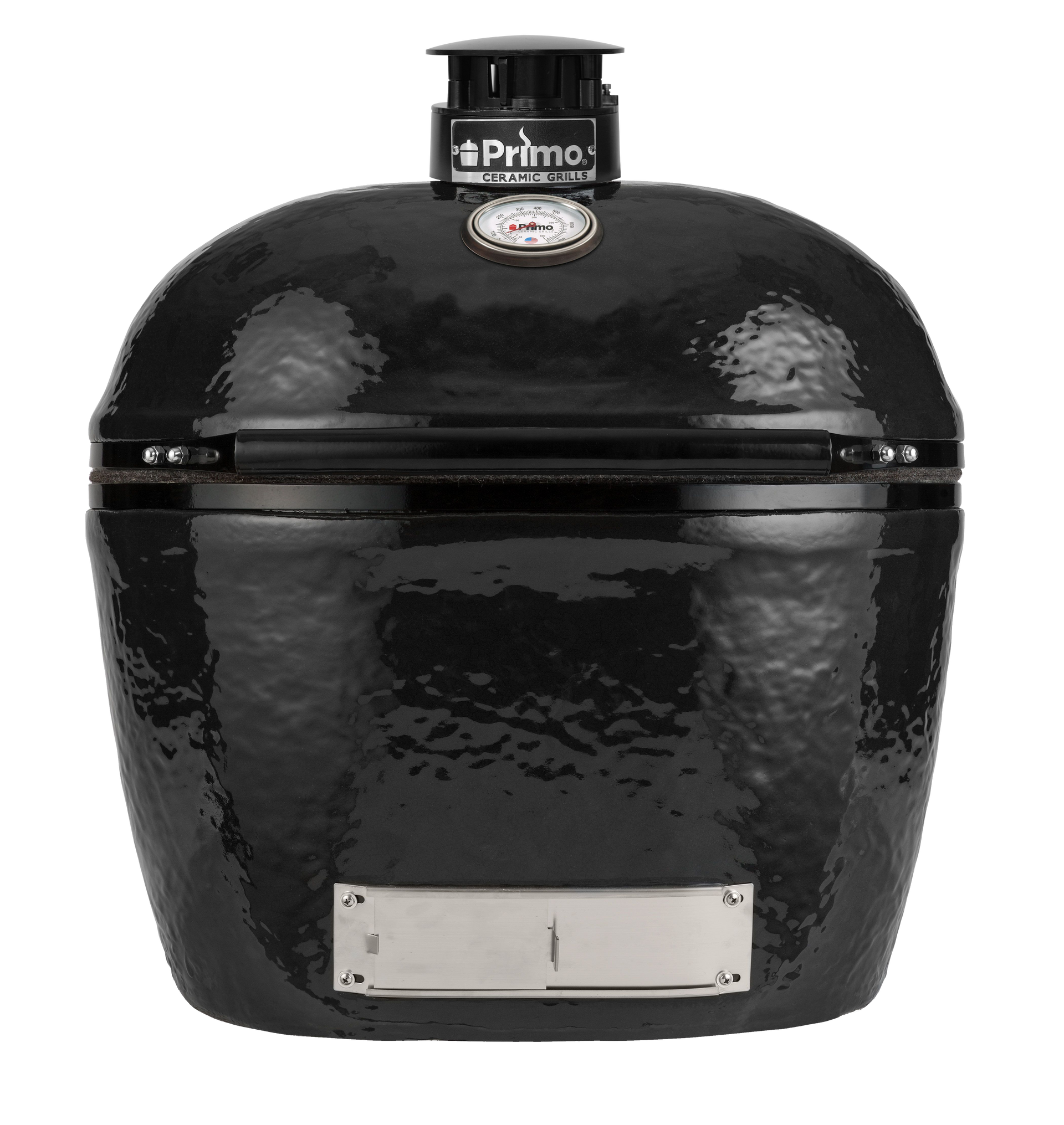 Een zwarte primogrill zit op een wit oppervlak.