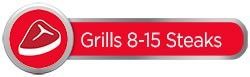 Een rode knop met een afbeelding van een biefstuk en de woorden ``grills 8-15 steaks''.