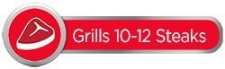 Een rode knop met een afbeelding van een biefstuk en de woorden ``grills 10-12 steaks''.