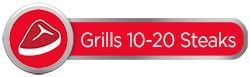Een rode knop met een afbeelding van een biefstuk en de woorden ``grills 10-20 steaks''.