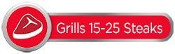 Een rode knop met een afbeelding van een biefstuk en de woorden ``grills 15-25 steaks''.