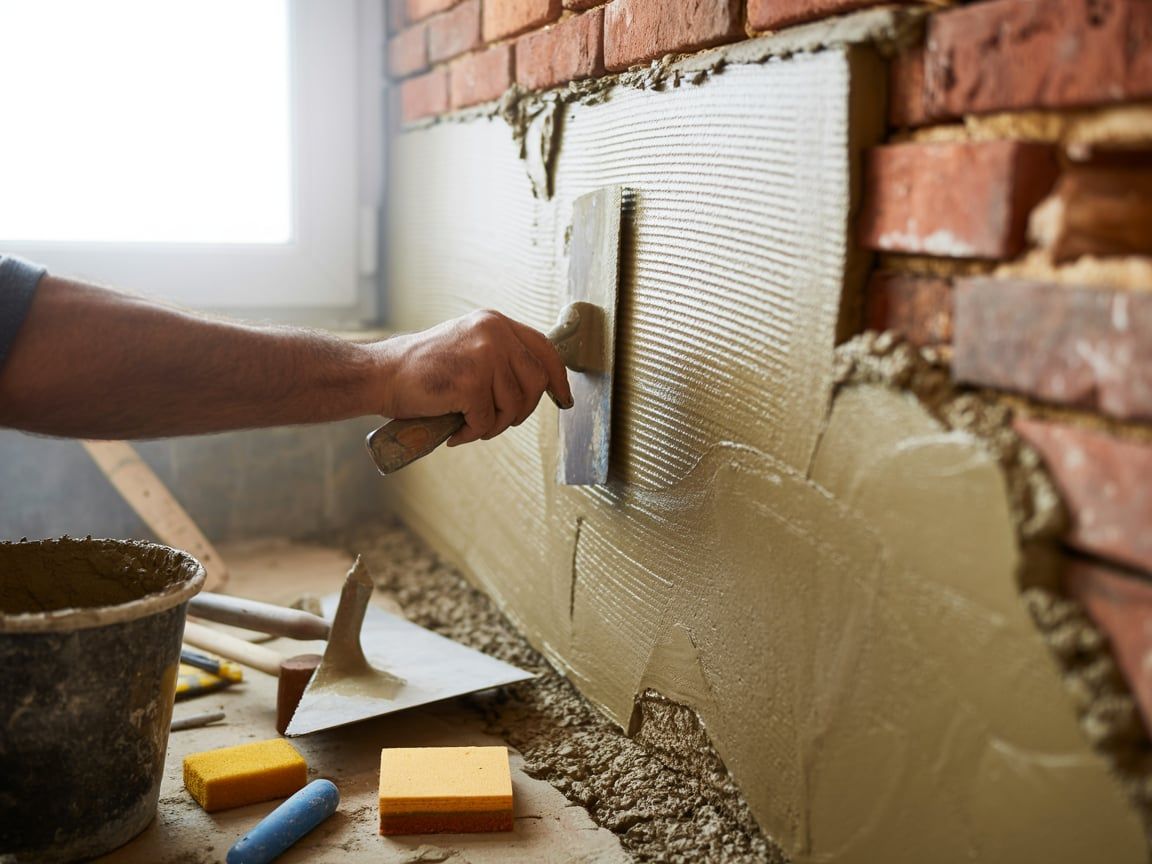 Person applying mortar to a brick wall with a trowel during construction.
