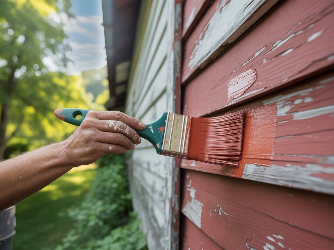 Person painting red paint onto weathered, red siding of a building with a green-handled brush outdoors.