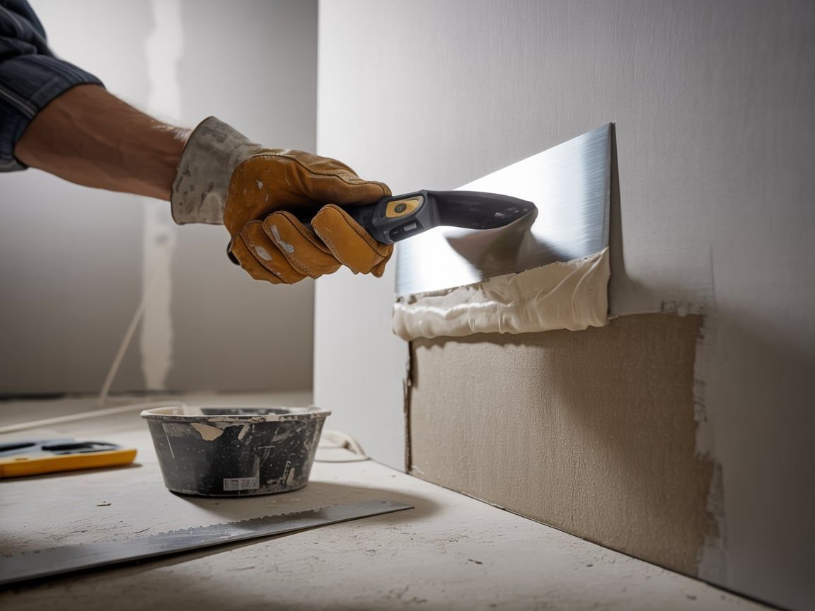 Person wearing work gloves applying plaster to a wall with a trowel.
