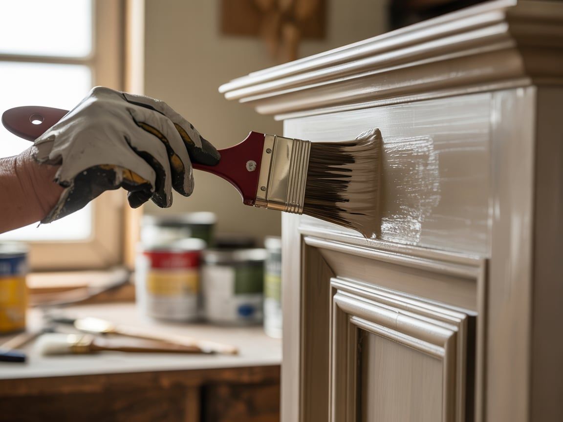 Person painting a cabinet with a brush; white paint, gloved hand.