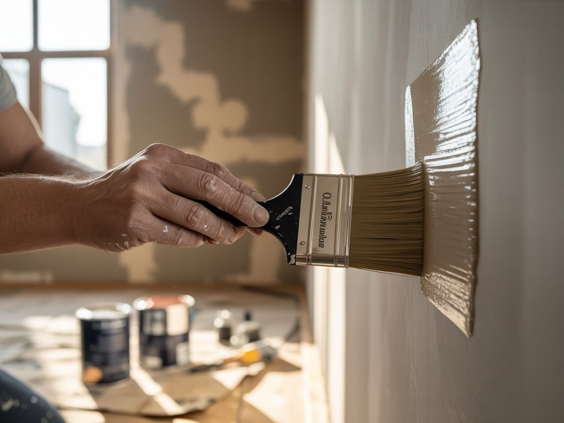 A construction worker is plastering a wall with a trowel.
