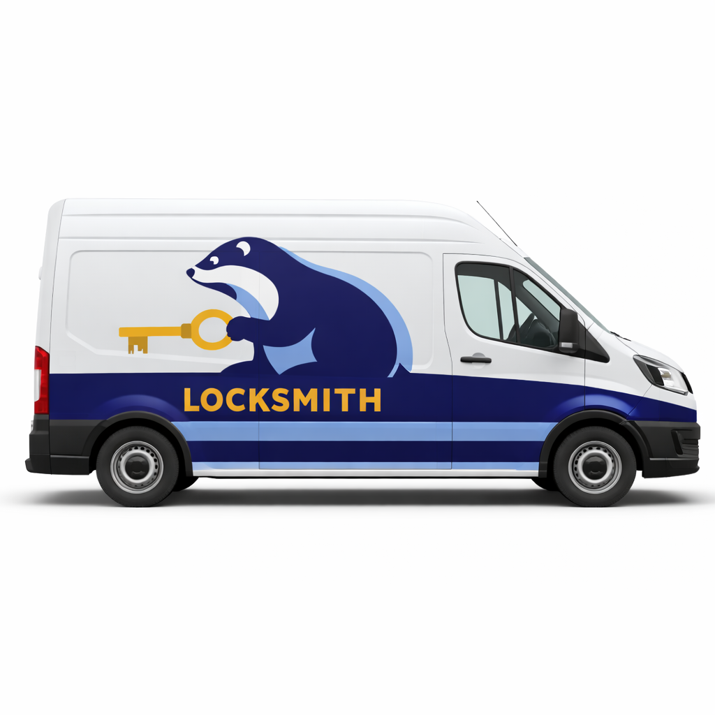 Locksmith service van with a blue badger holding a gold key, on a white background.