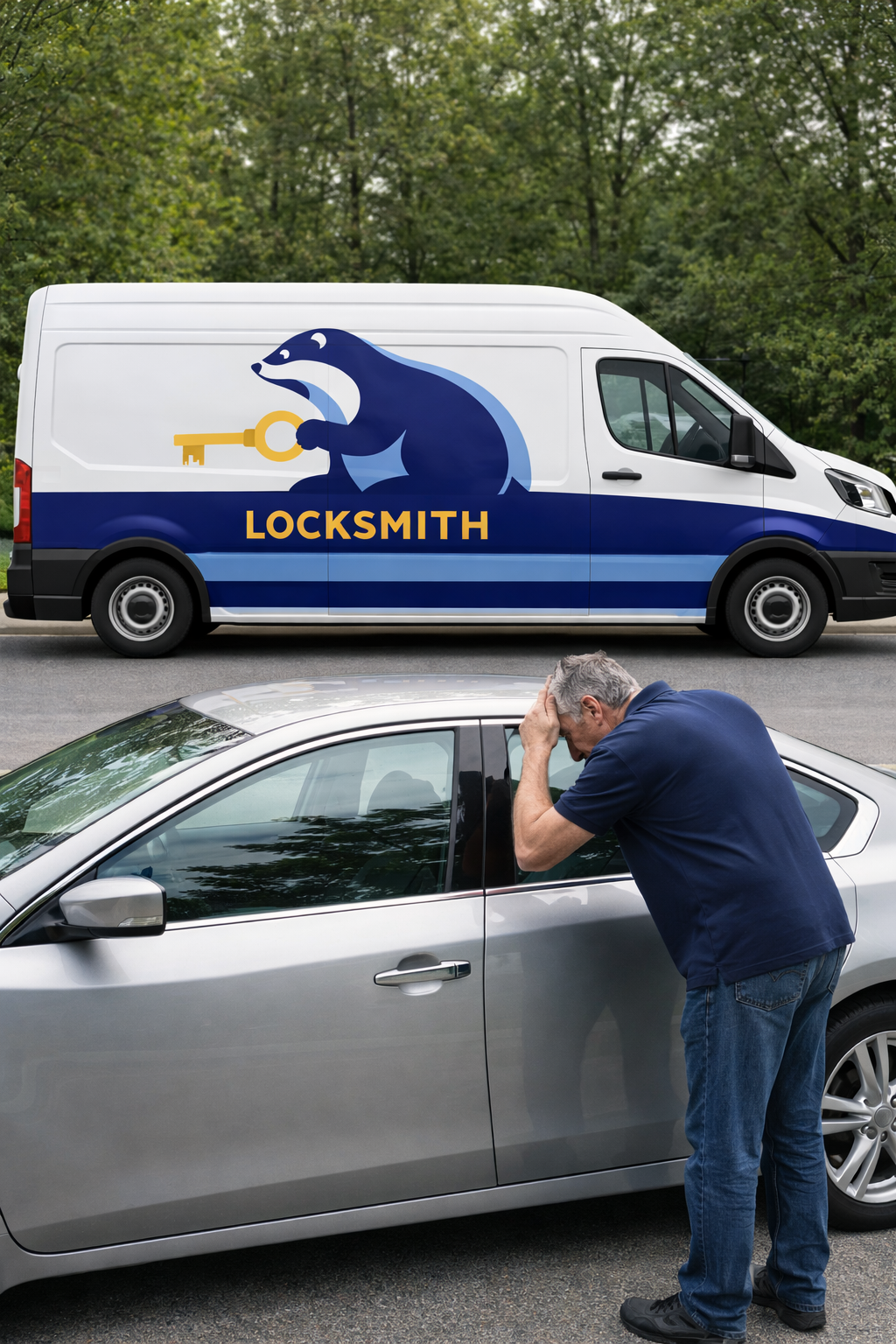 A man locked out of his car; a locksmith van is nearby.