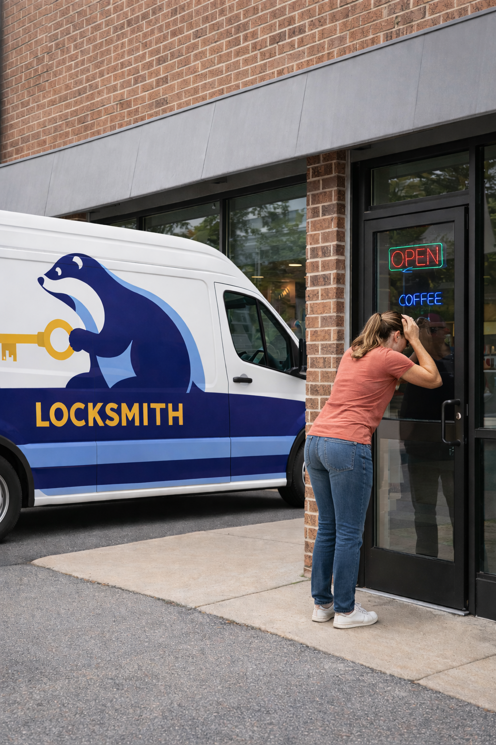 Woman locked out of a store, looking through the glass door; a locksmith van is parked outside.