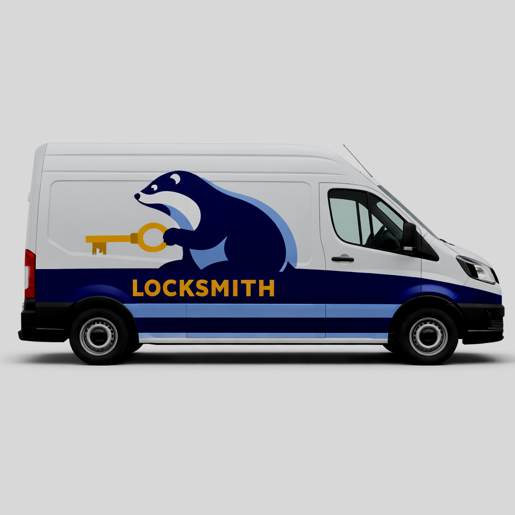 Locksmith van with badger holding a golden key; blue and white exterior, 