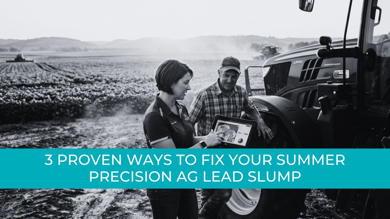 Precision ag equipment dealer reviewing harvest prep hardware data on a tablet with a farmer.