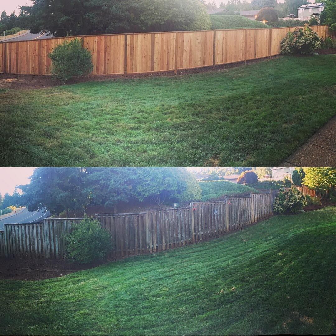 Two photos: A new wooden fence and a weathered fence bordering a grassy yard.