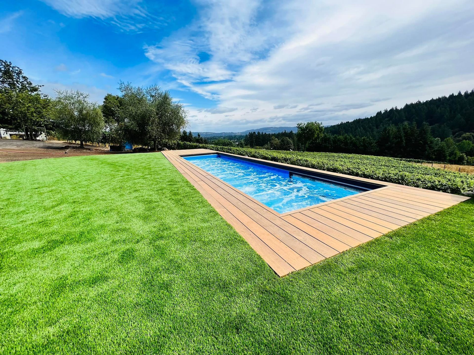 Pool with wooden deck and lawn, with a scenic view of trees and mountains under a blue sky.