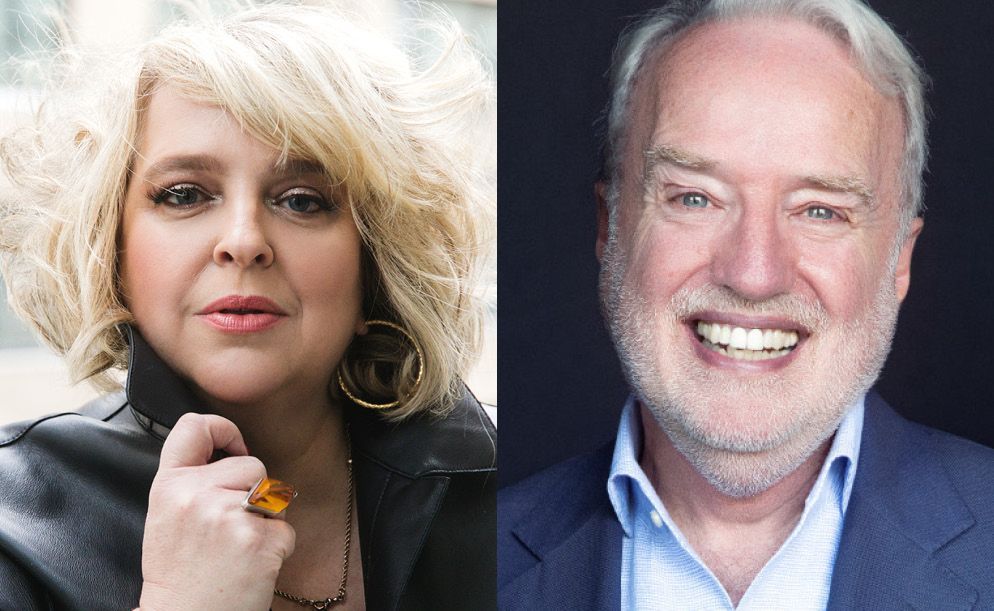 A split image featuring a blonde-haired woman looking directly forward and a smiling man in a suit against a black backdrop.