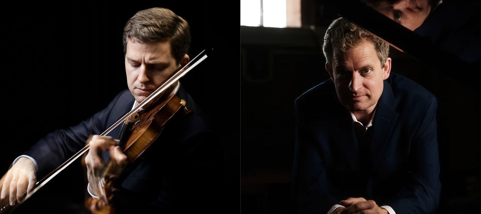 A split shot: a violinist playing against a black background, beside a pianist posing near an open grand piano.
