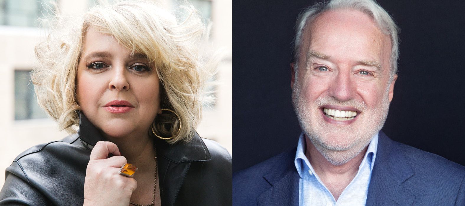 A split image featuring a blonde-haired woman looking directly forward and a smiling man in a suit against a black backdrop.