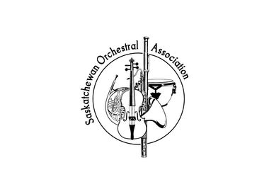 A black and white logo for the saskatchewan orchestra association