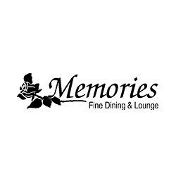 The logo for memories fine dining & lounge has a rose on it.