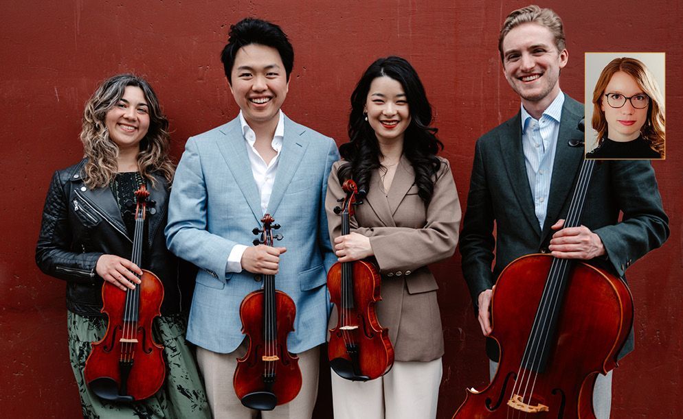 Four musicians stand before a red wall, three holding violins and one a cello, with an inset headshot of a woman.