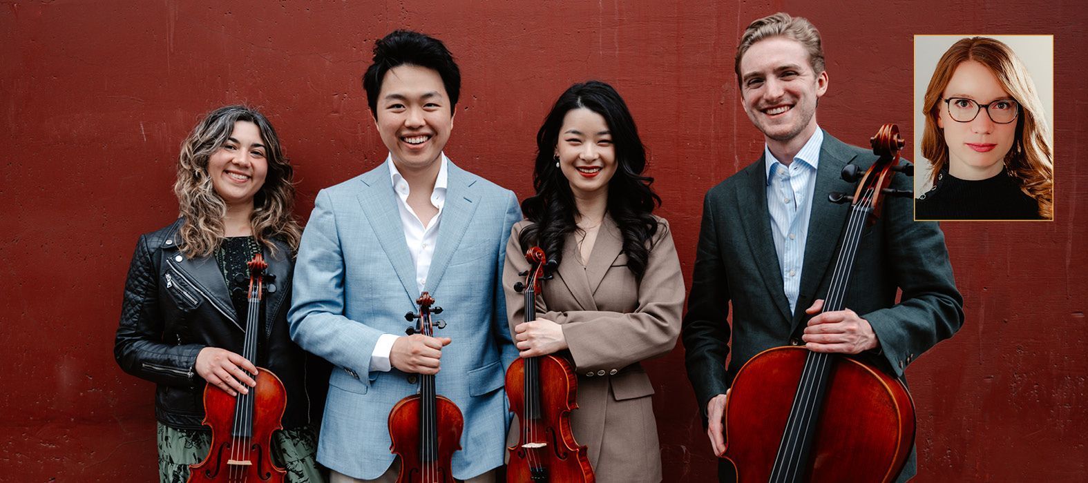 Four musicians holding string instruments stand against a dark red wall, with a small inset portrait of a woman nearby.