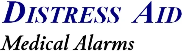 A blue and white logo for distress aid medical alarms