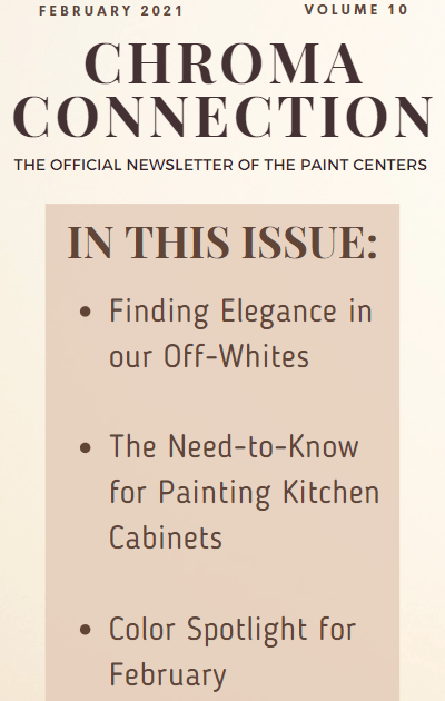 Neutral background for Newsletter from The Paint Centers displaying stories in this issue