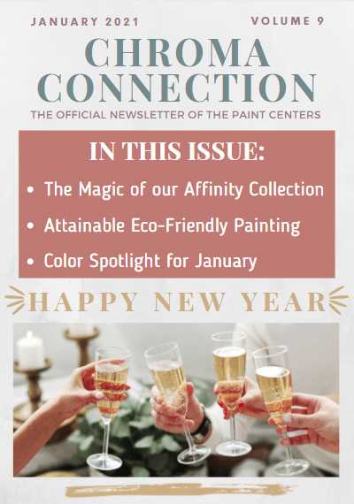 four friends clinking glasses to cheers for the new year on a newsletter cover for the paint centers