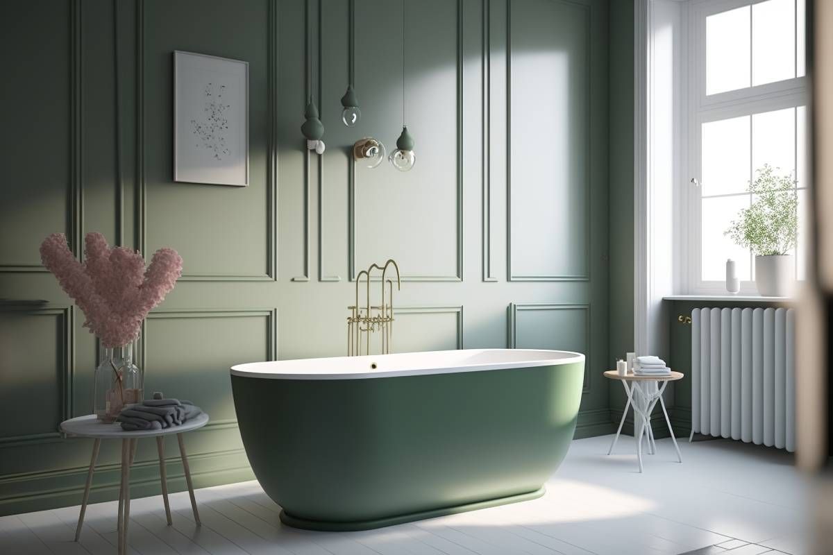 Bathroom with an olive green bathtub and matching walls