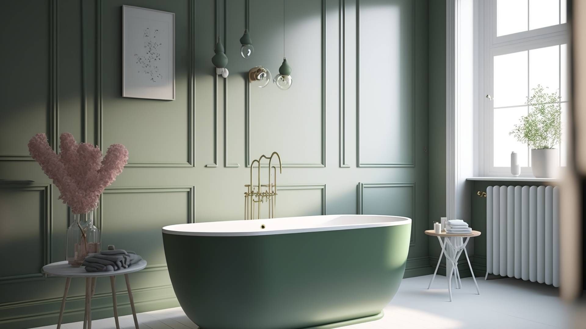 Bathroom with an olive green bathtub and matching walls 