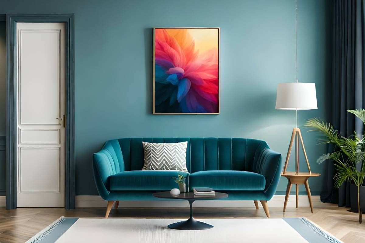 Modern home interior with teal accent wall and matching couch