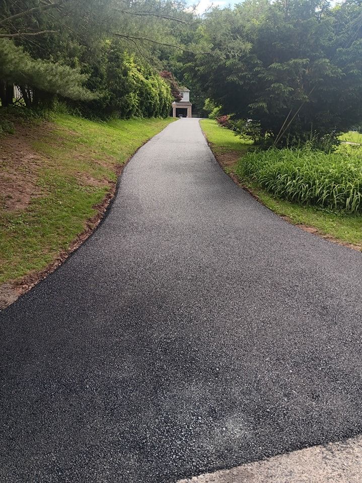 A driveway leading to a house surrounded by trees and grass.