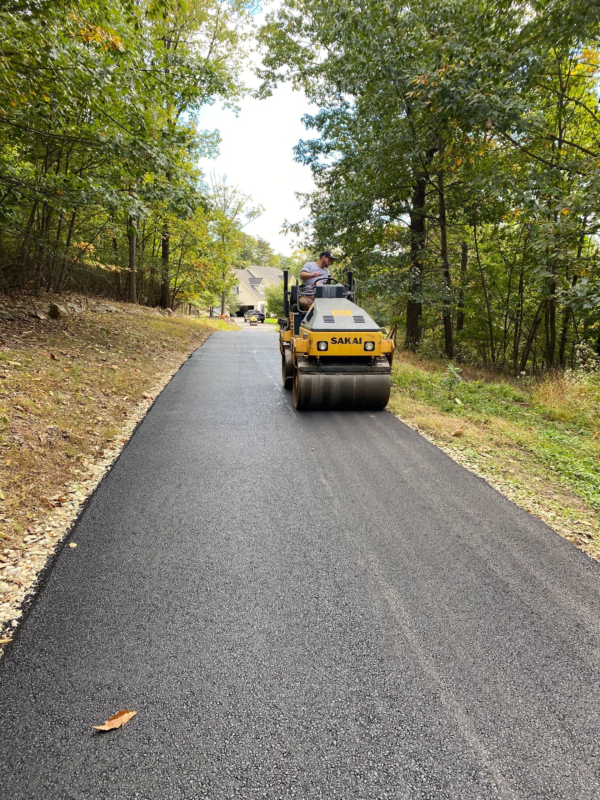Asphalt roller compacting newly paved road in a wooded area.