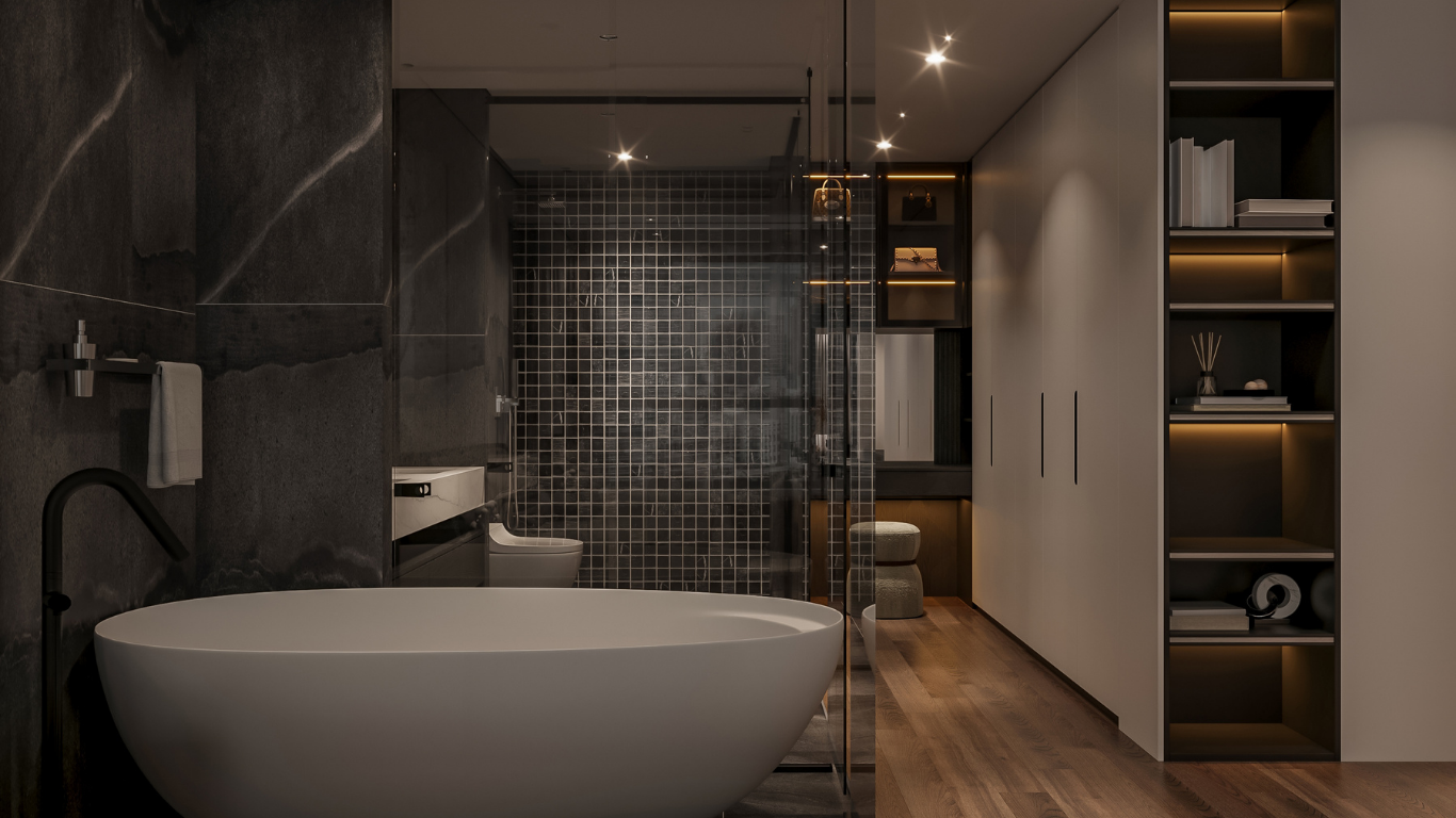 A modern bathroom with a white oval freestanding bathtub, dark stone walls, glass shower, and illuminated shelving.