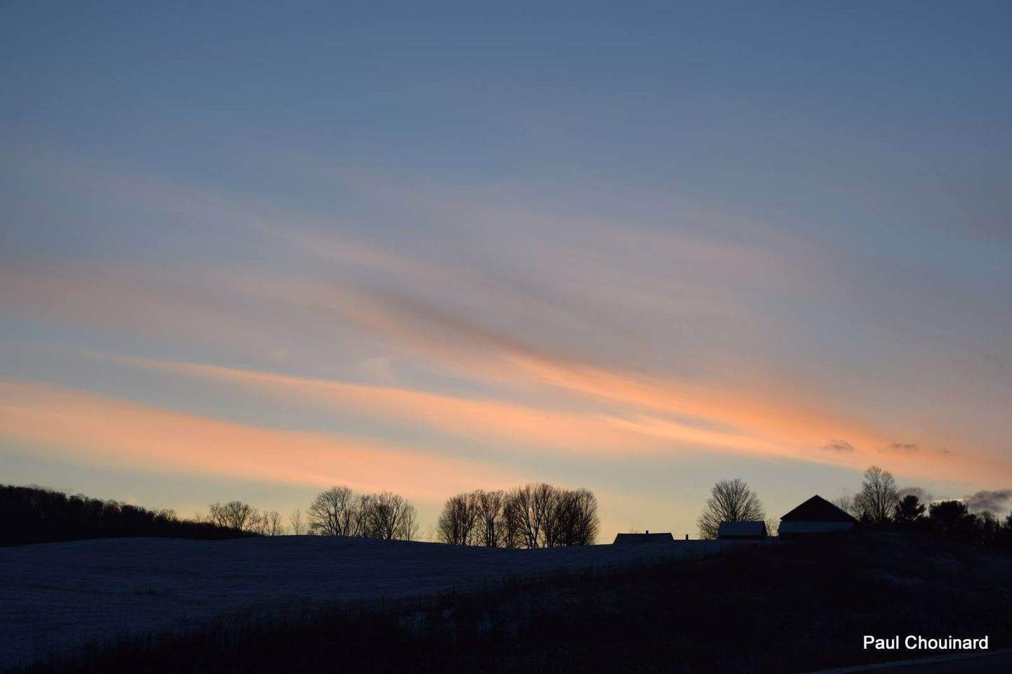 Pink and blue sky over a house and trees