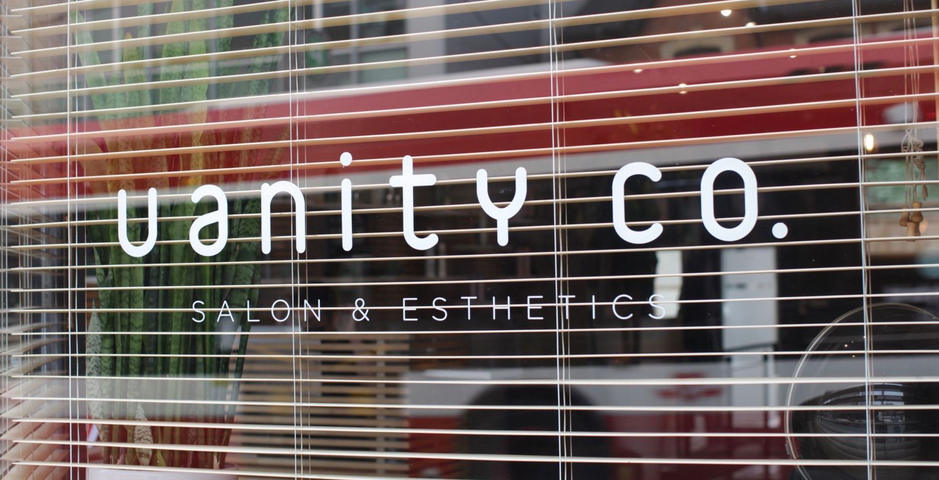 Sign of Vanity Co. logo in window