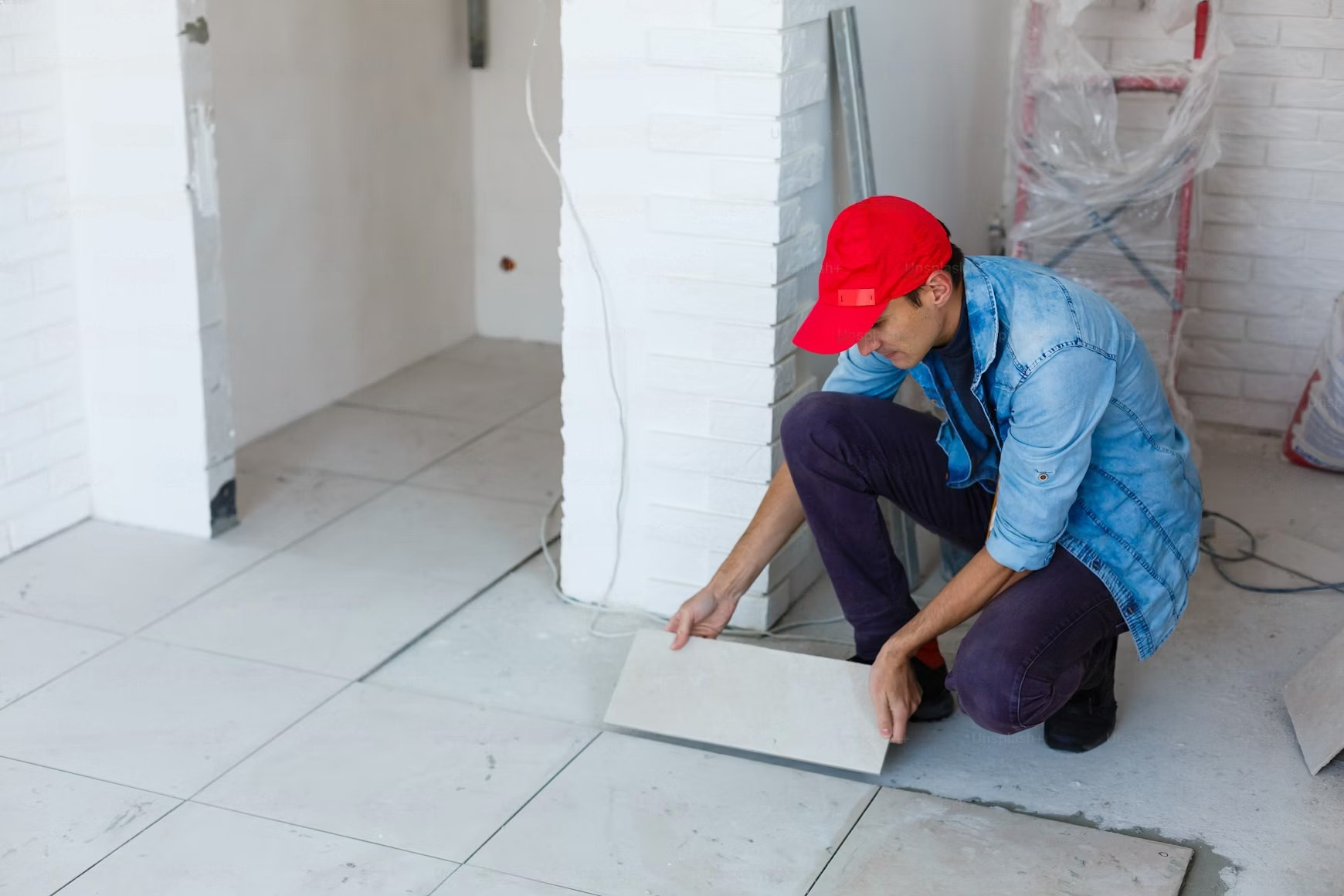 a man is kneeling down to install a tile floor in a room .