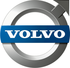 A blue and silver volvo logo on a white background
