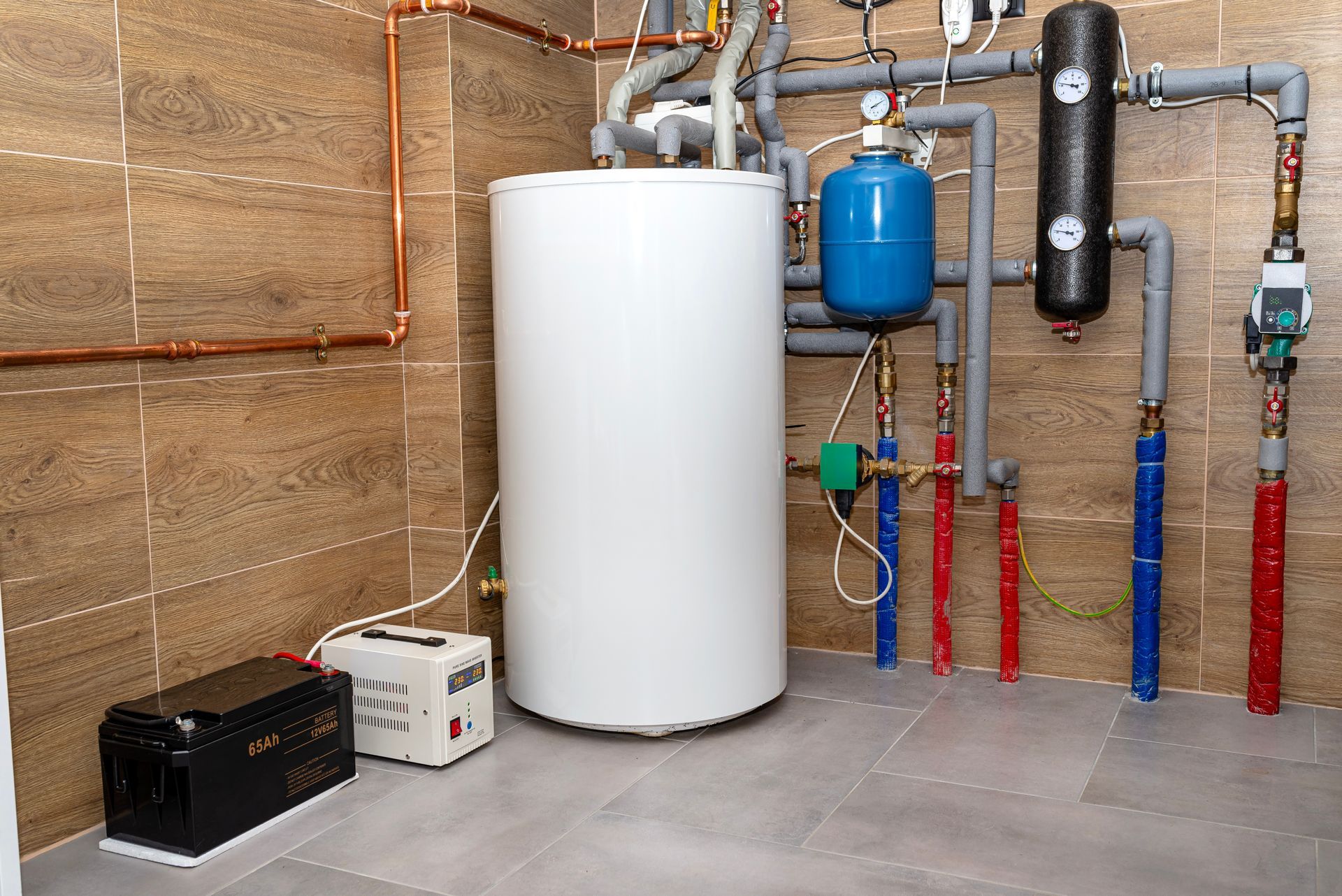 Boiler room with white water tank, blue expansion tank, pipes, and filtration equipment on a concrete floor