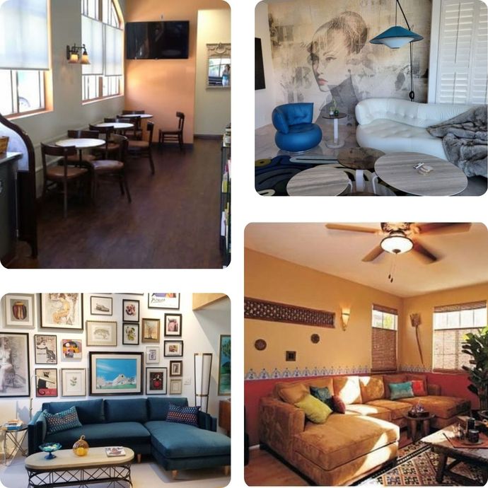 The right color - Four interior design images: cafe, modern living room, art gallery wall, and a living space.