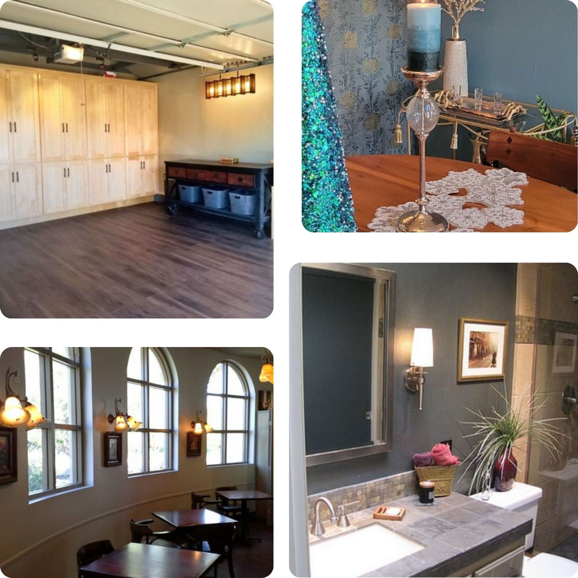 The Right Color – Interior design gallery: storage cabinets, dining table, cozy café, and bathroom vanity.