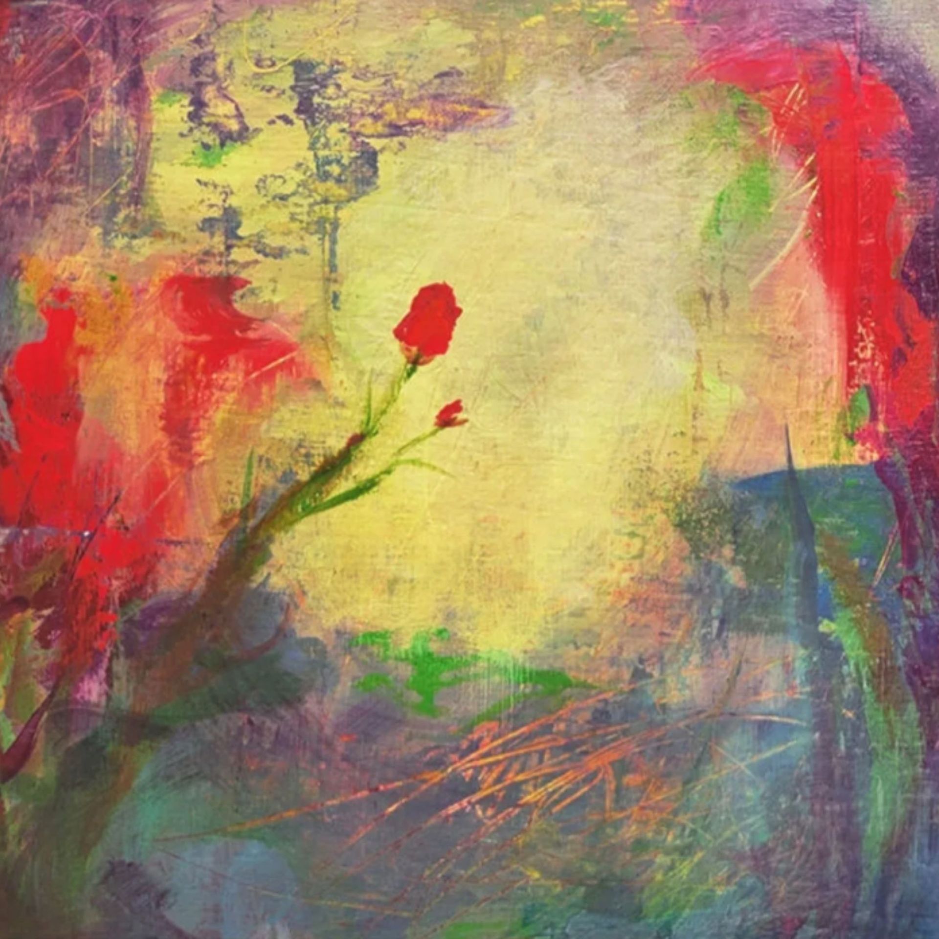 The right color - Abstract painting: red flowers, green stem against a yellow and multi-colored background.