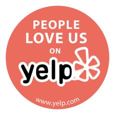 Yelp sticker, peach circle with white text: