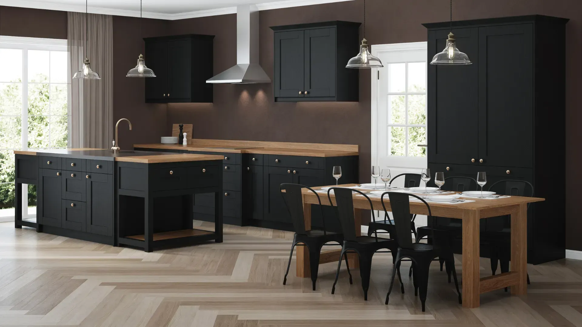 The right color - Black kitchen with wooden countertops, island, and dining table; herringbone floor.