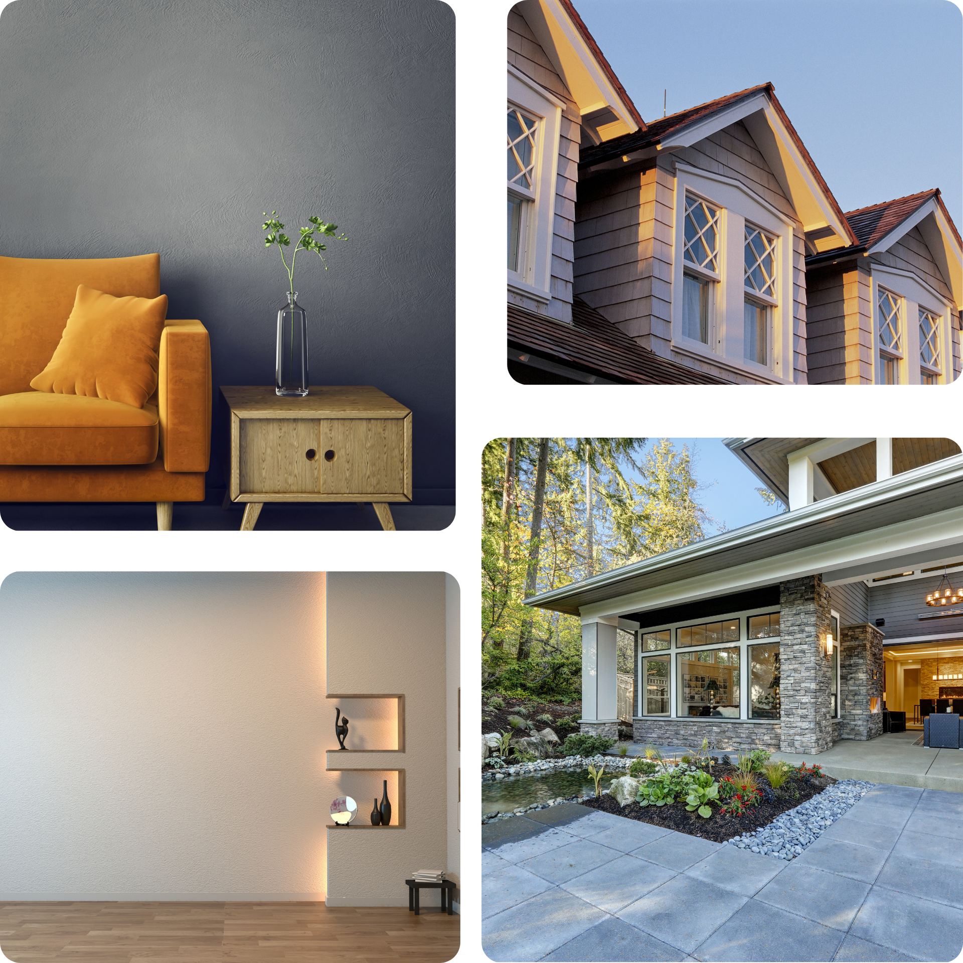 The Right Color – Home & Exterior Collage: mustard sofa, bay windows, textured wall, and modern house entrance.