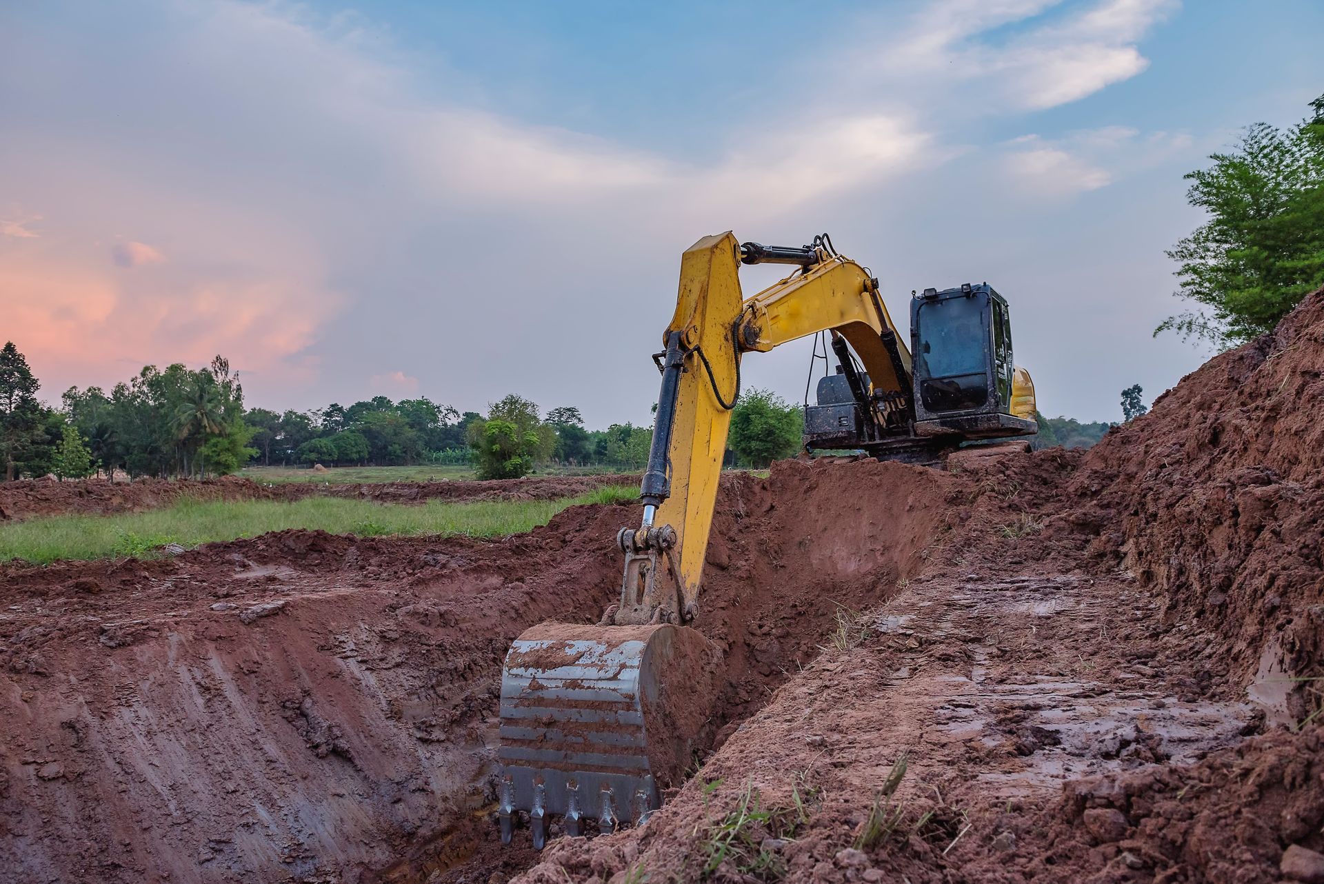 Yellow excavator digging a trench in brown soil under a cloudy sky.