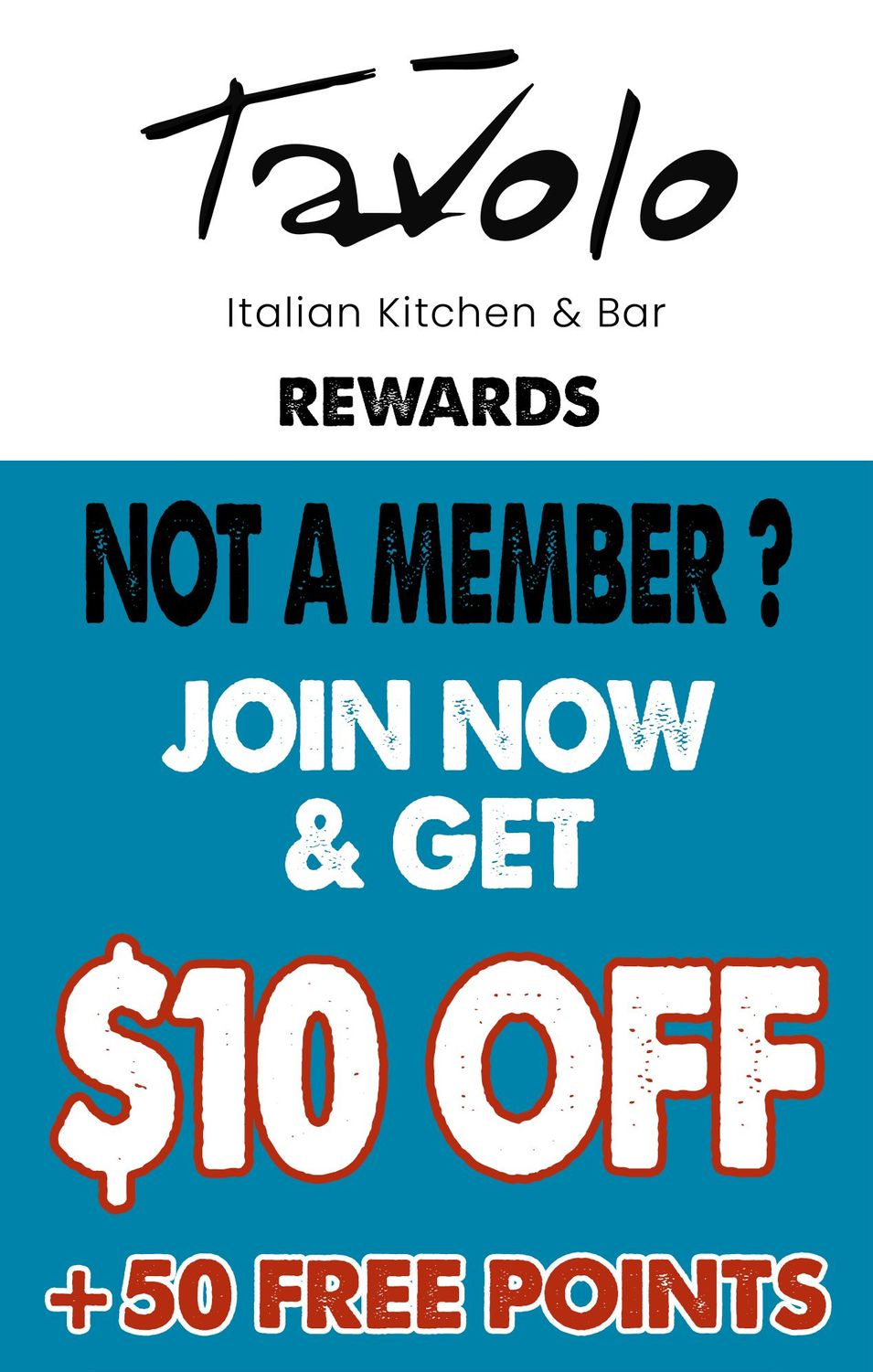 ? Join Tavolo Rewards — It's Free! ? Join Tavolo Rewards — It's Free!
Sign up today and get $10 off your next visit plus 50 bonus points to get you started.
